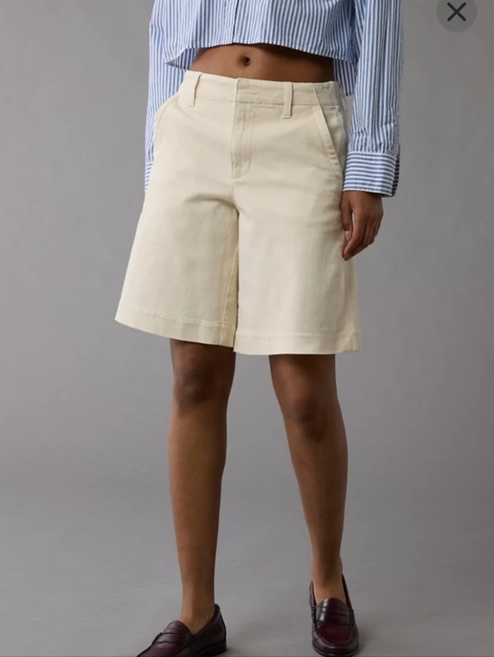 NWT Ameican Eagle Stretch High-Waisted Trouser Bermuda Shorts Cream 4 Baggy Leg